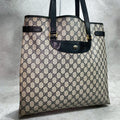 Gucci GG Tote Bag Navy Beige Leather Gold