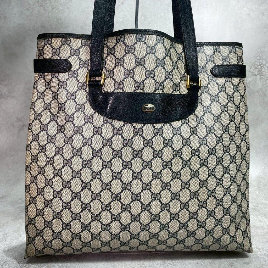 Gucci GG Tote Bag Navy Beige Leather Gold — view 2