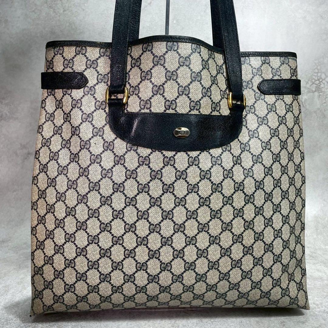 Gucci GG Tote Bag Navy Beige Leather Gold — view 2