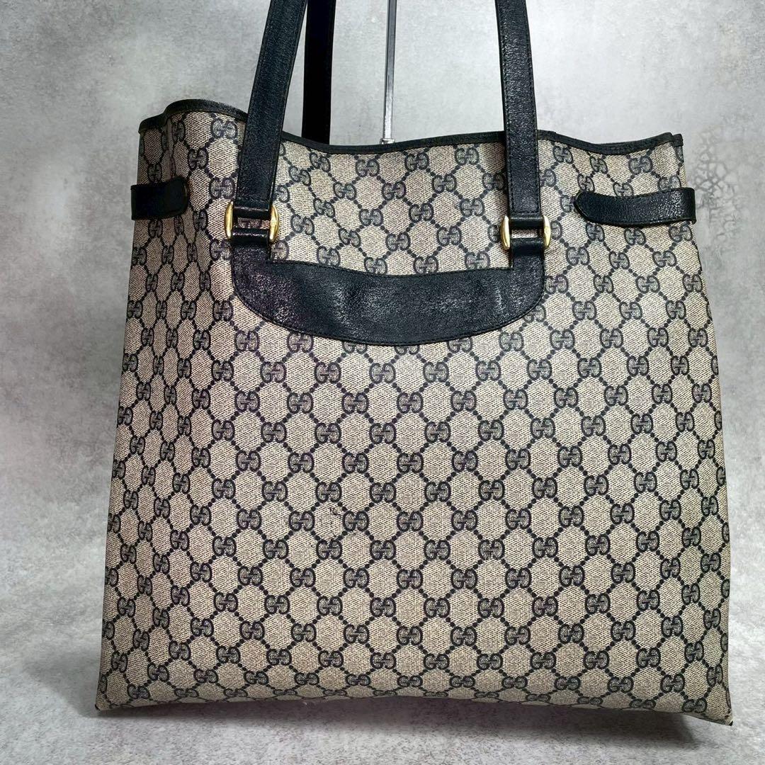Gucci GG Tote Bag Navy Beige Leather Gold — view 3