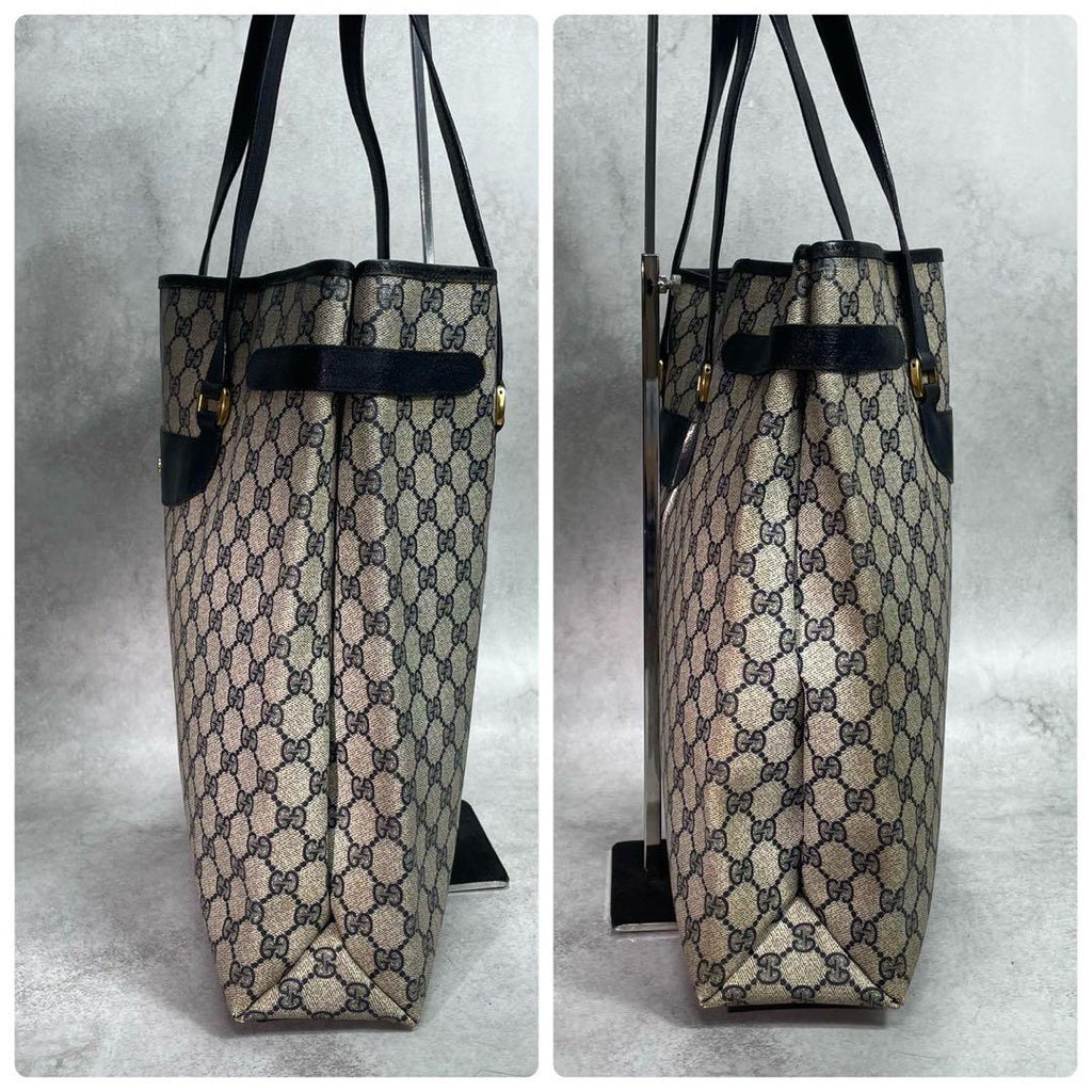Gucci GG Tote Bag Navy Beige Leather Gold — view 6