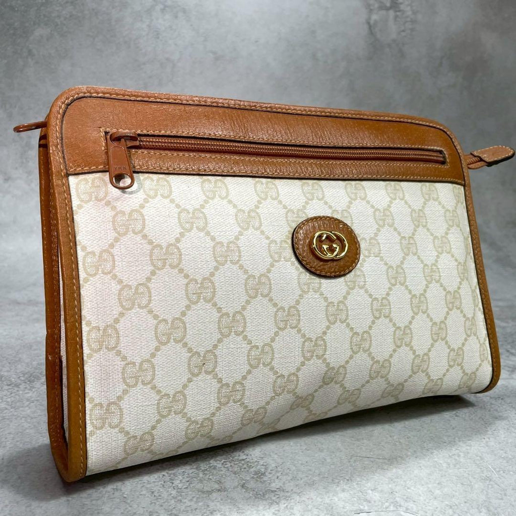 Gucci GG Clutch Beige Brown Leather Logo