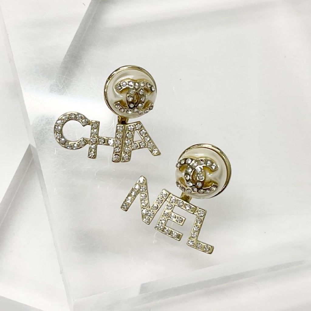 Chanel Earrings CC Logo Rhinestone Pearl Gold