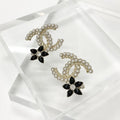Chanel Earrings CC Logo Pearl Rhinestone Flower Gold