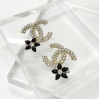 Chanel Earrings CC Logo Pearl Rhinestone Flower Gold