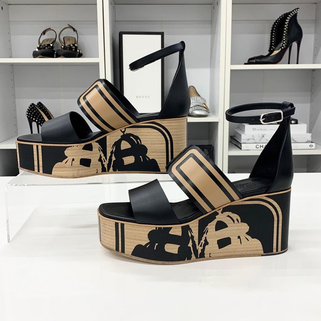 Hermes Charis Leather Wedge Sole Sandals Black — view 2
