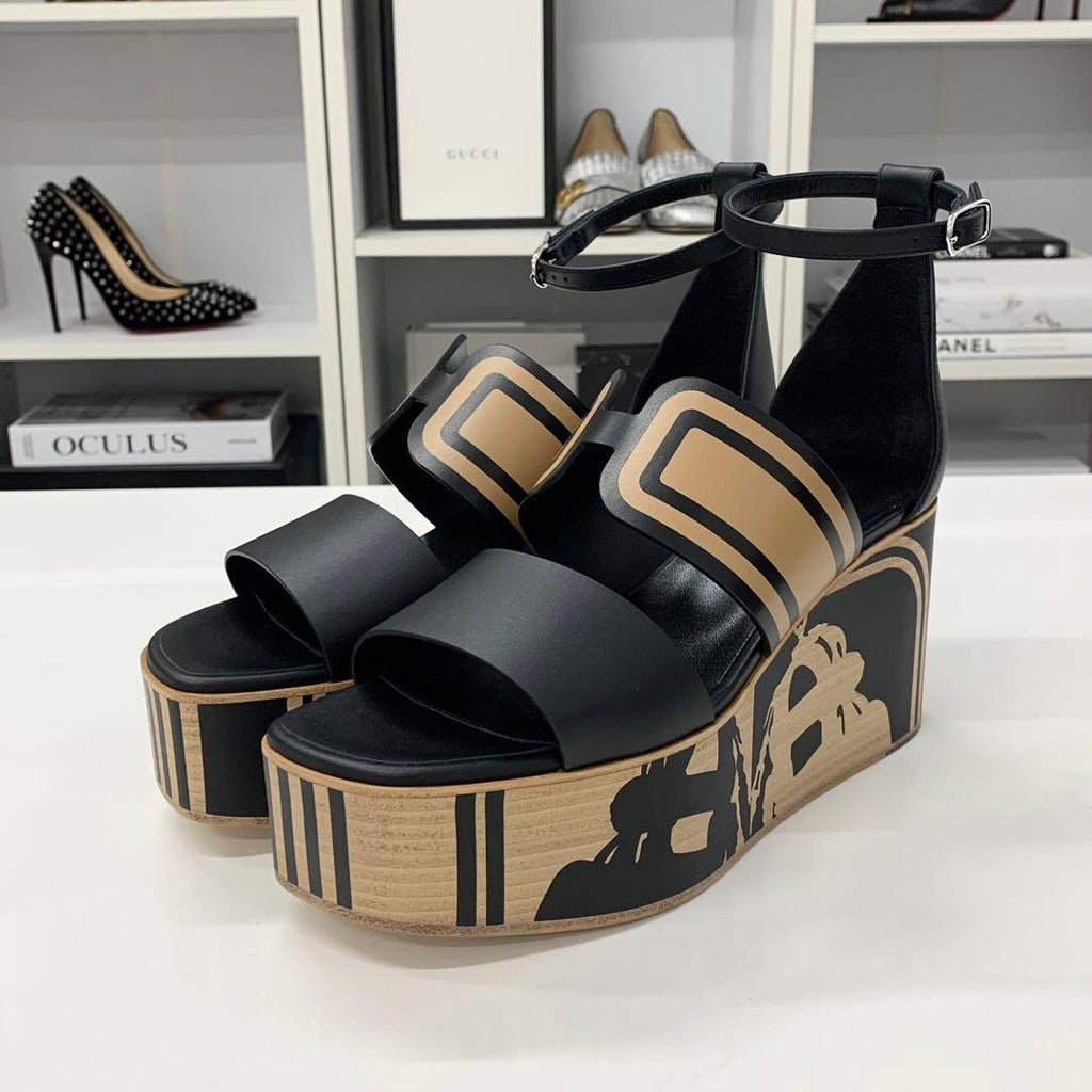 Hermes Charis Leather Wedge Sole Sandals Black — view 3