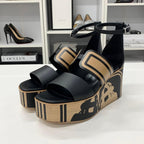 Hermes Charis Leather Wedge Sole Sandals Black — view 3