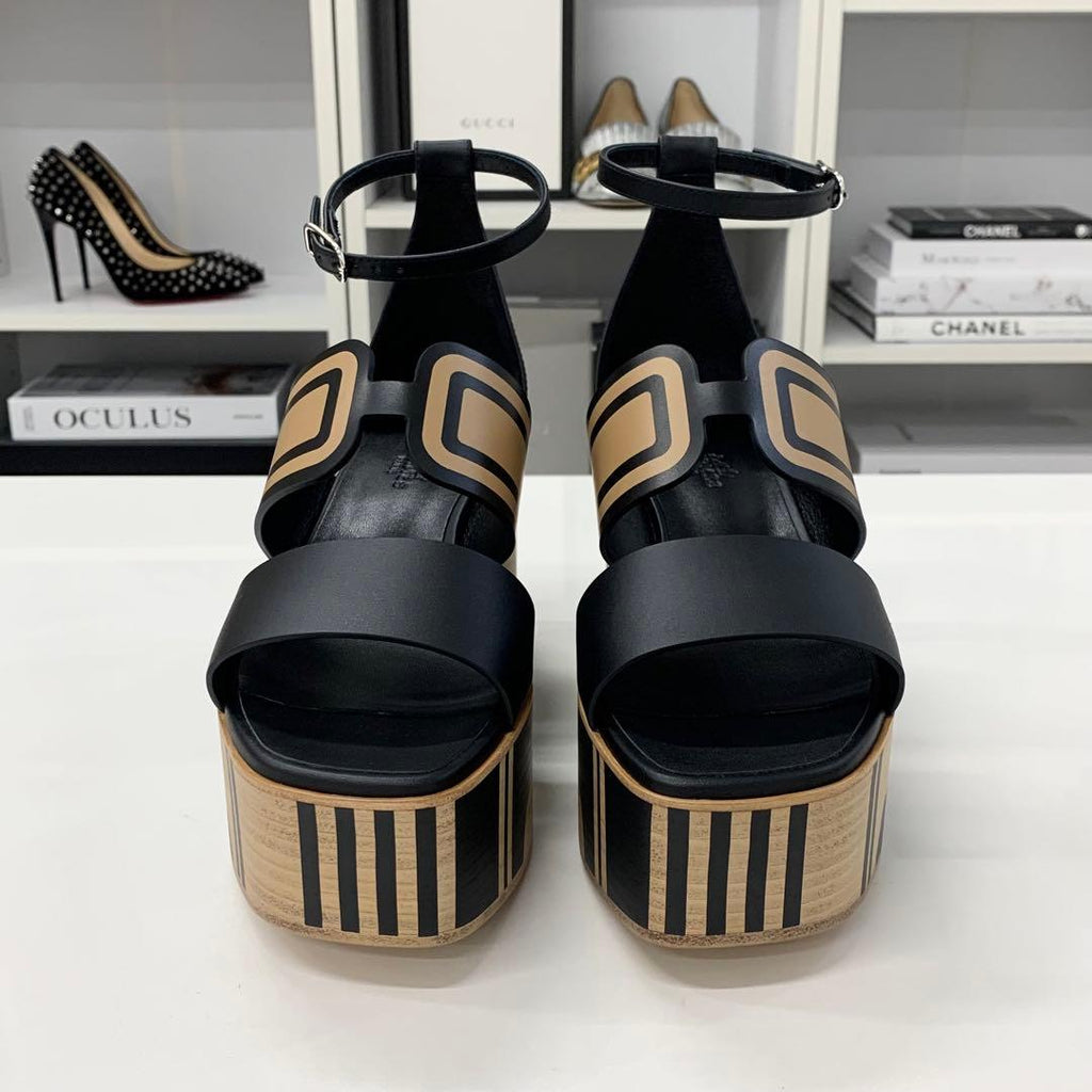 Hermes Charis Leather Wedge Sole Sandals Black — view 4