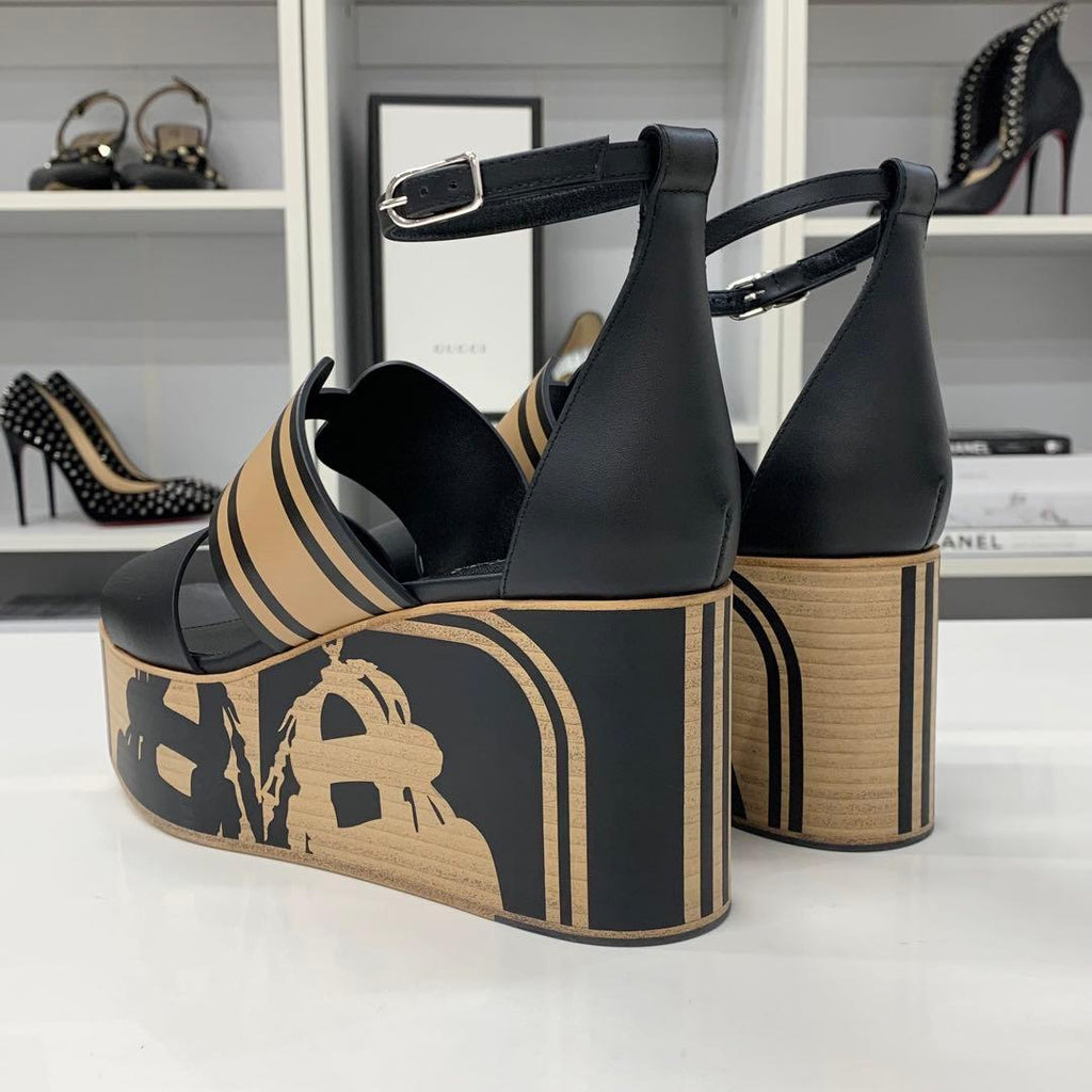 Hermes Charis Leather Wedge Sole Sandals Black — view 5