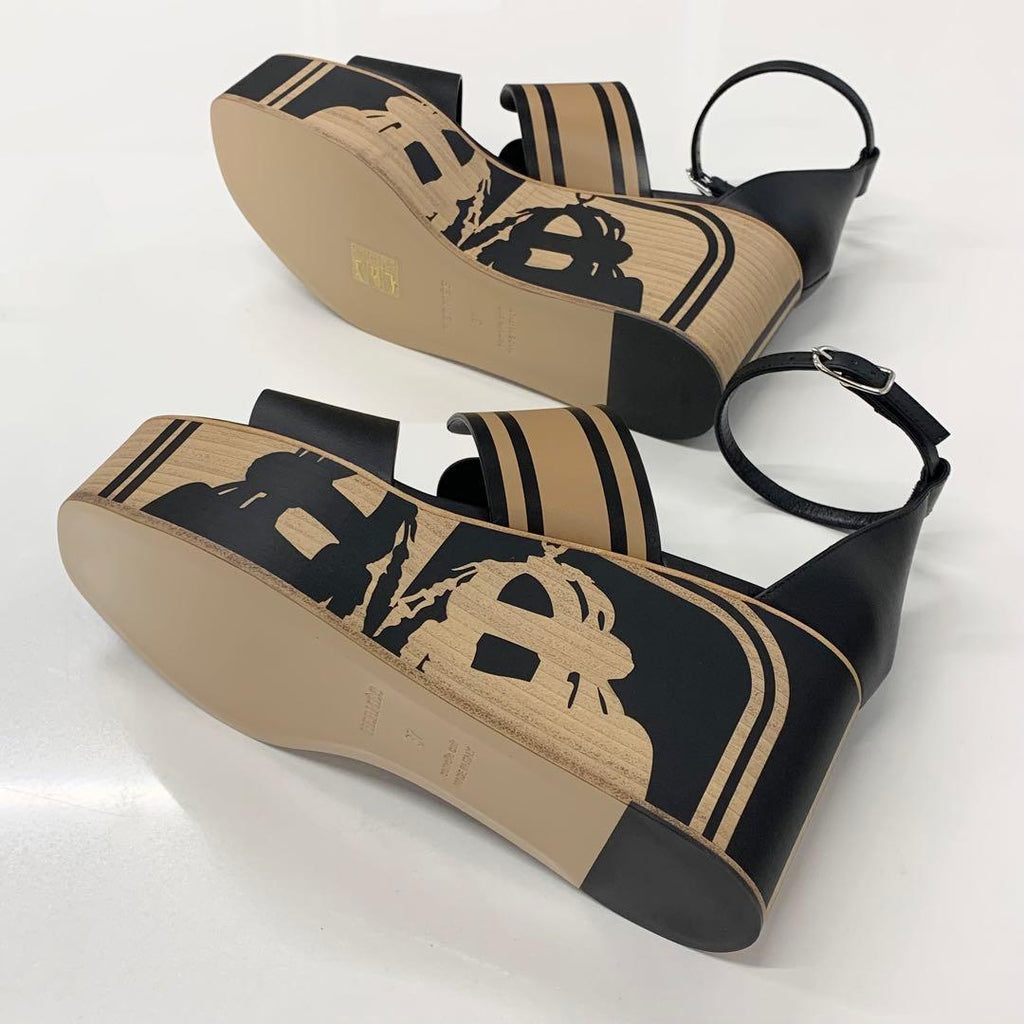 Hermes Charis Leather Wedge Sole Sandals Black — view 7