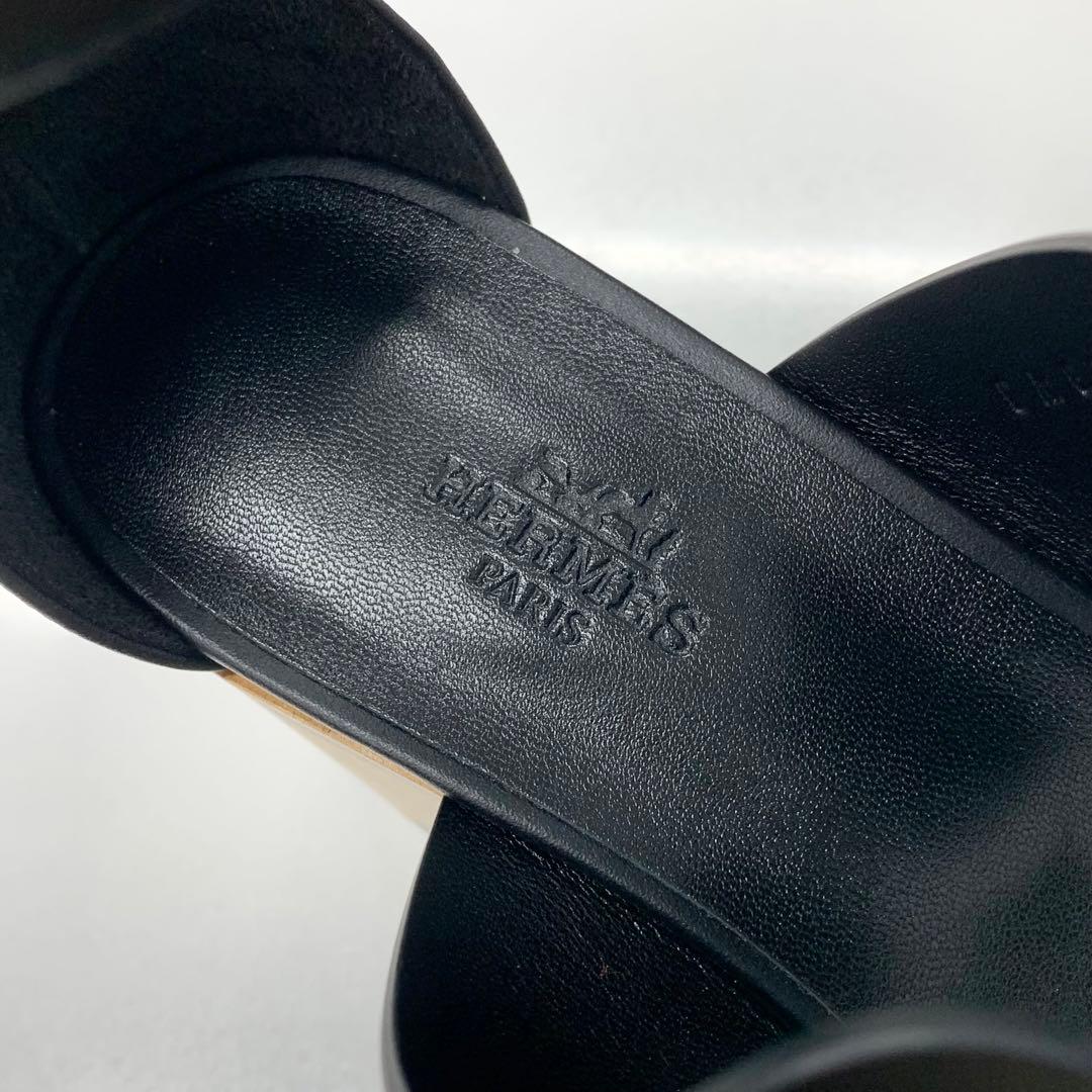 Hermes Charis Leather Wedge Sole Sandals Black — view 8