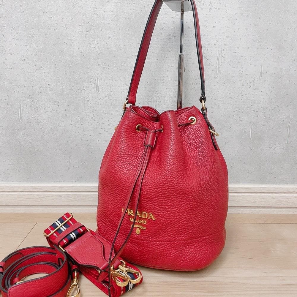 Prada Vitello Daino Drawstring 2-Way Leather Bucket Bag Red