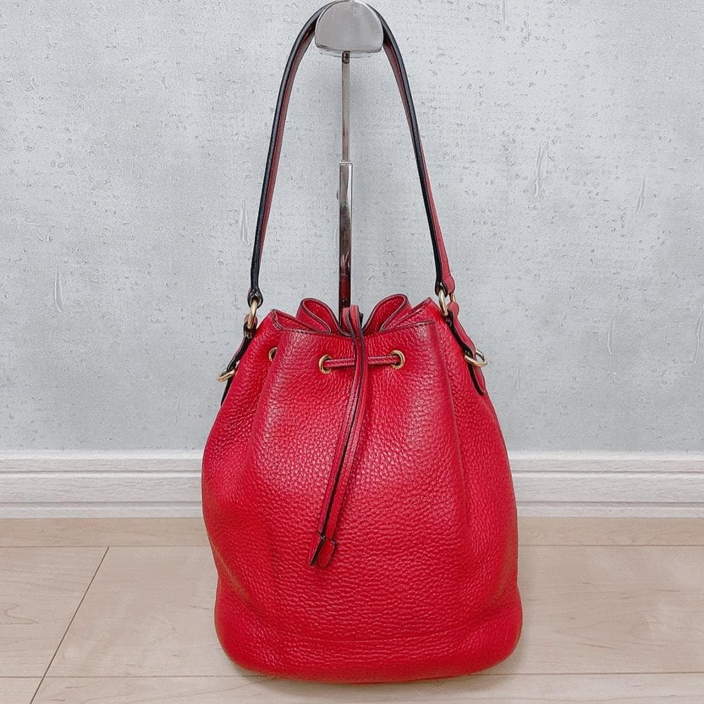 Prada Vitello Daino Drawstring 2-Way Leather Bucket Bag Red — view 4
