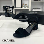 Chanel CC Logo Rhinestone Suede Strap Sandals Black