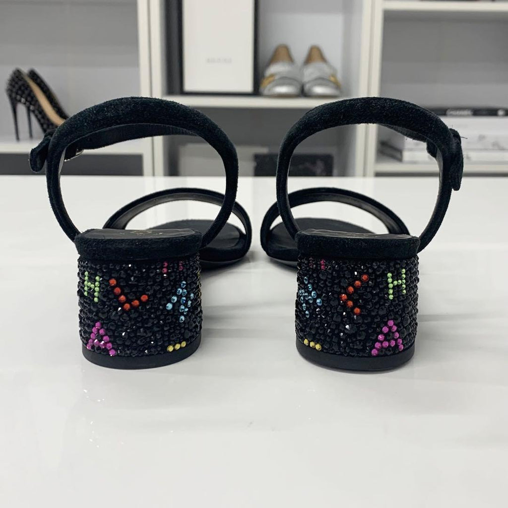 Chanel CC Logo Rhinestone Suede Strap Sandals Black — view 6