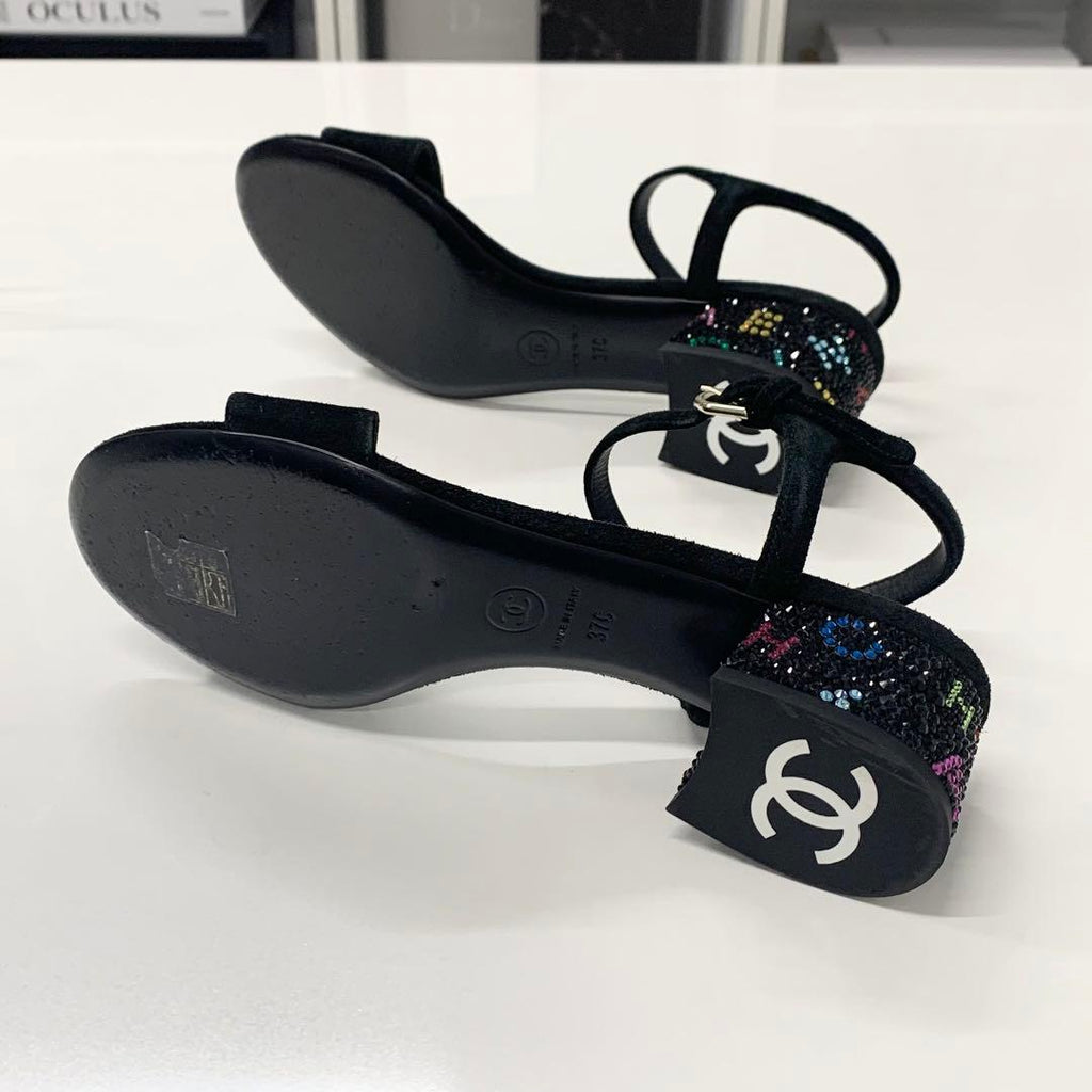 Chanel CC Logo Rhinestone Suede Strap Sandals Black — view 7