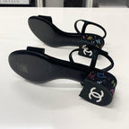 Chanel CC Logo Rhinestone Suede Strap Sandals Black — view 7