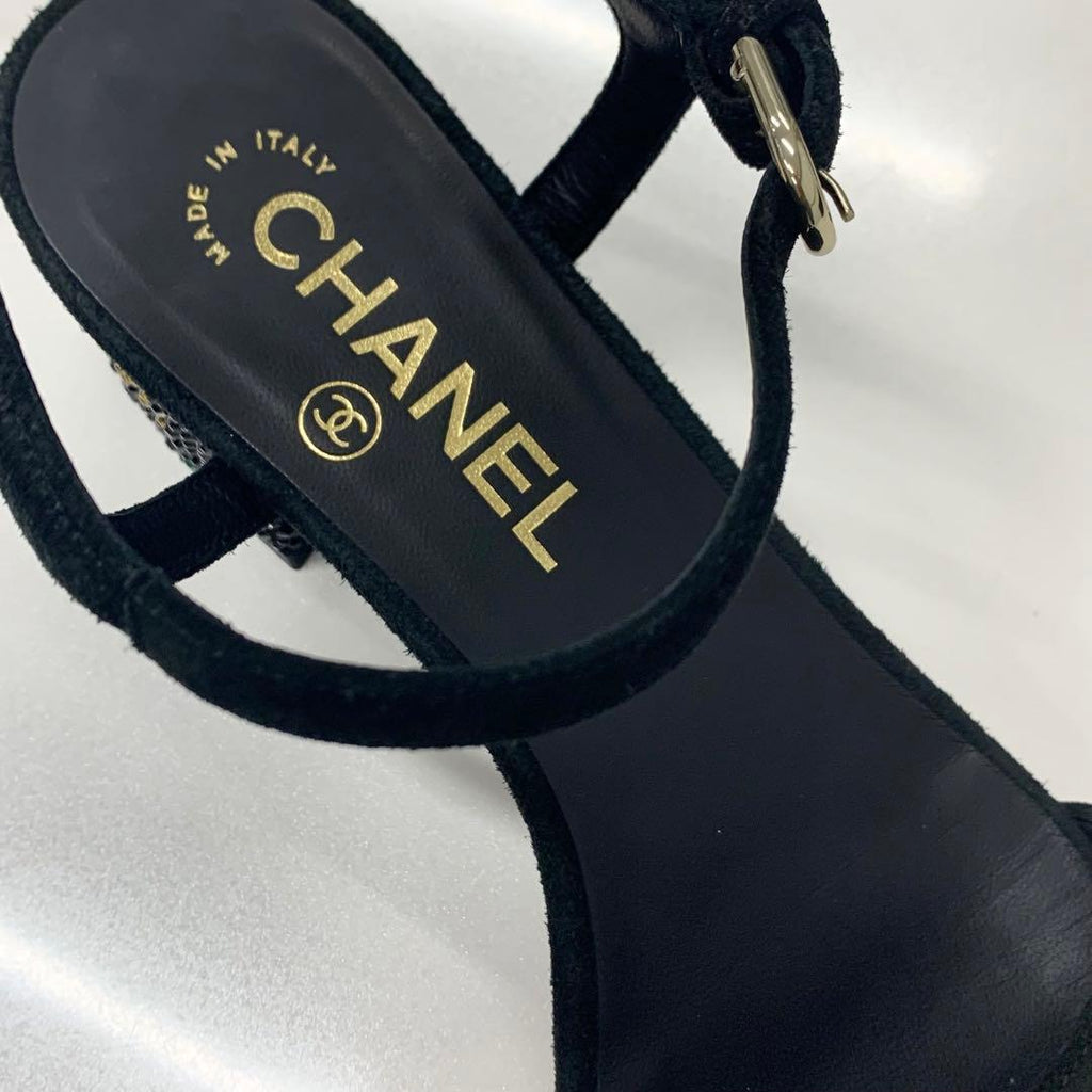 Chanel CC Logo Rhinestone Suede Strap Sandals Black — view 8