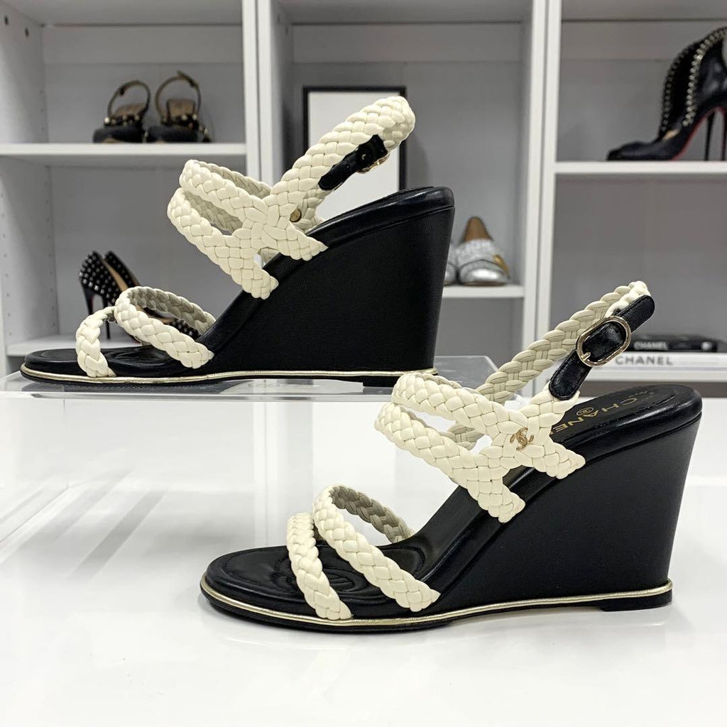 Chanel Lambskin Coco Mark Braided Wedge Sole Sandals White — view 2