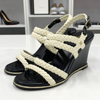 Chanel Lambskin Coco Mark Braided Wedge Sole Sandals White — view 3