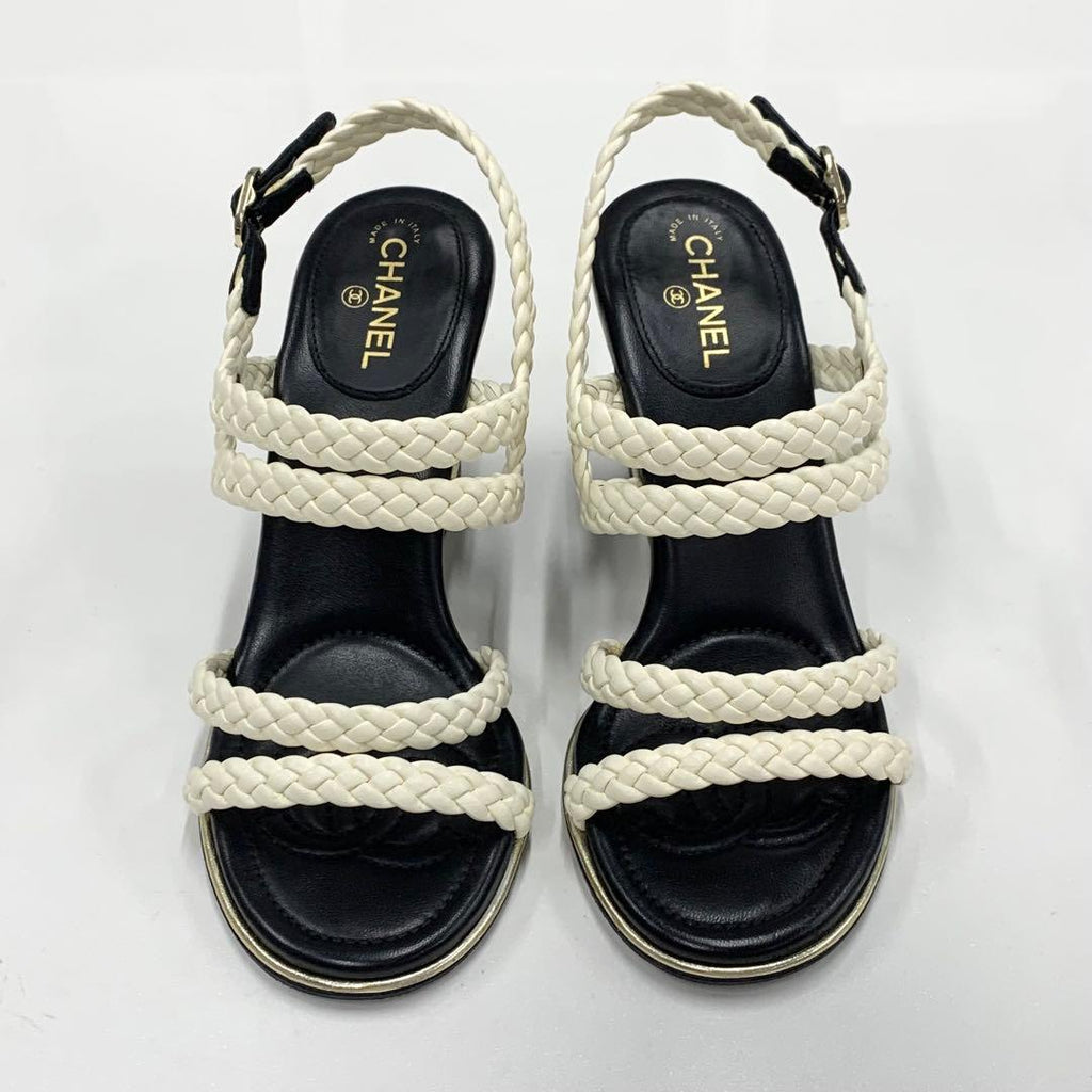 Chanel Lambskin Coco Mark Braided Wedge Sole Sandals White — view 4
