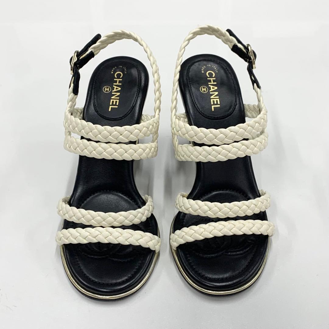 Chanel Lambskin Coco Mark Braided Wedge Sole Sandals White — view 4