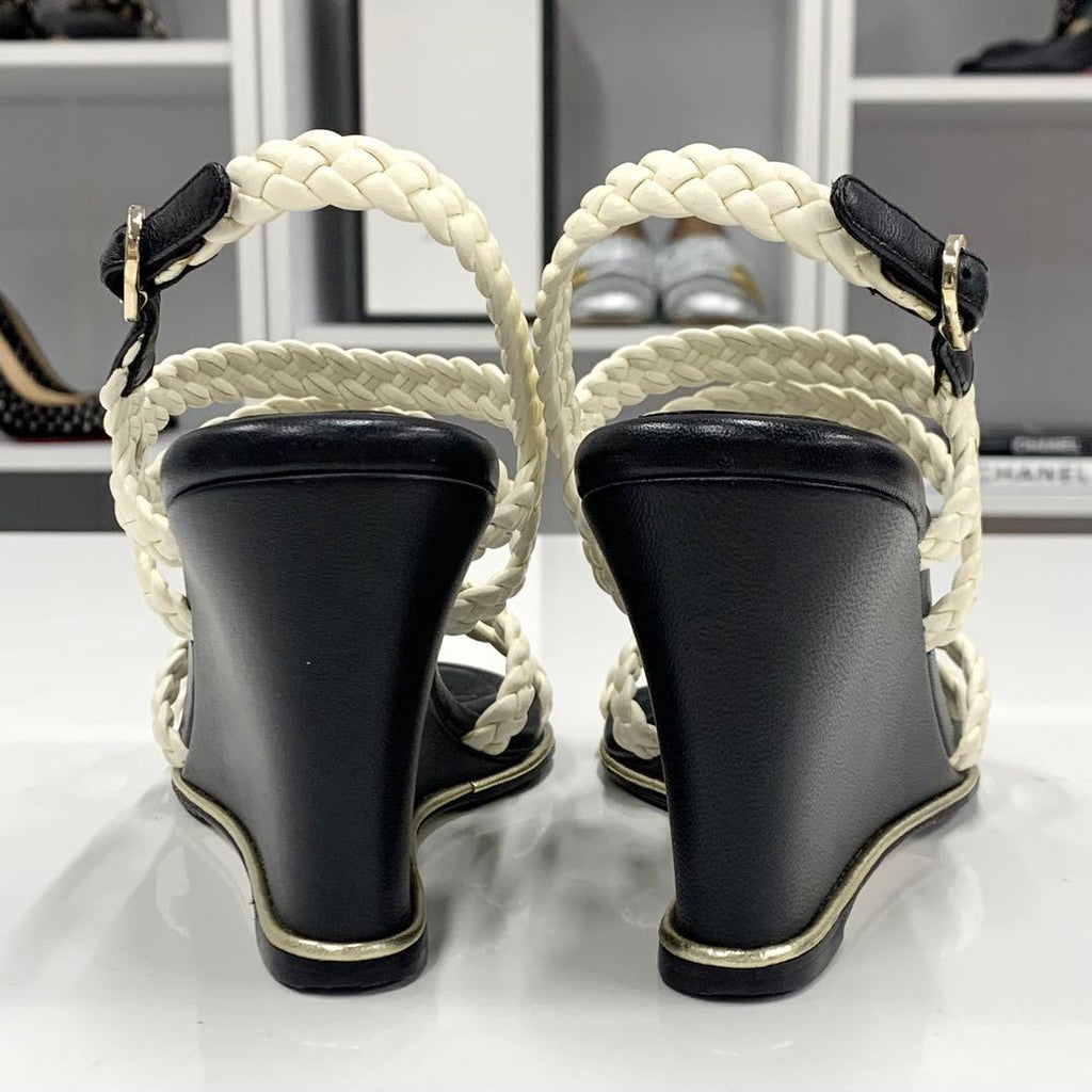 Chanel Lambskin Coco Mark Braided Wedge Sole Sandals White — view 6