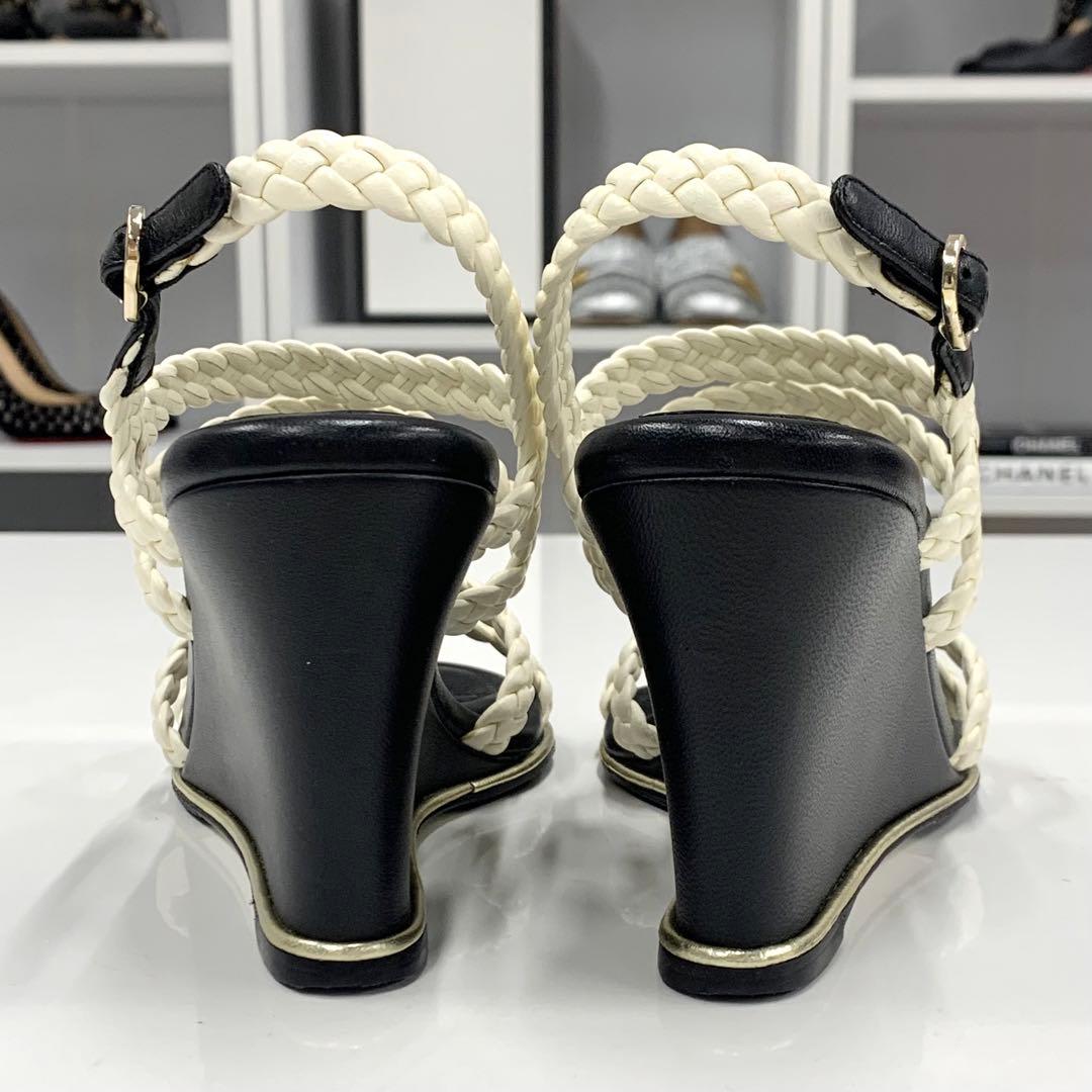 Chanel Lambskin Coco Mark Braided Wedge Sole Sandals White — view 6