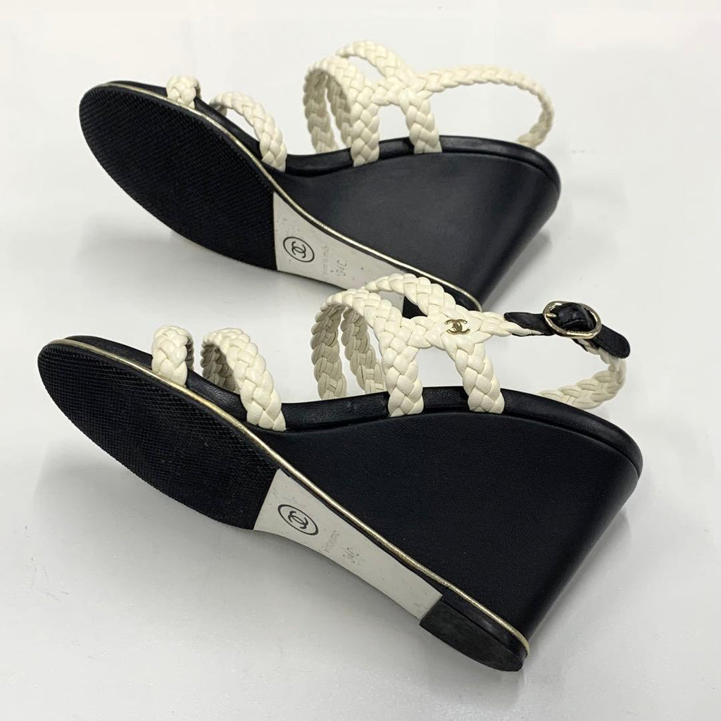 Chanel Lambskin Coco Mark Braided Wedge Sole Sandals White — view 7
