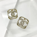 Chanel Earrings CC Logo Rhinestone Square Gold