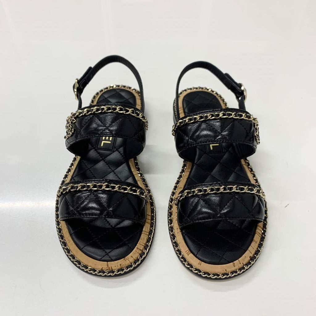 Chanel CC Logo Quilted Chain Leather Cork Sandals — view 2