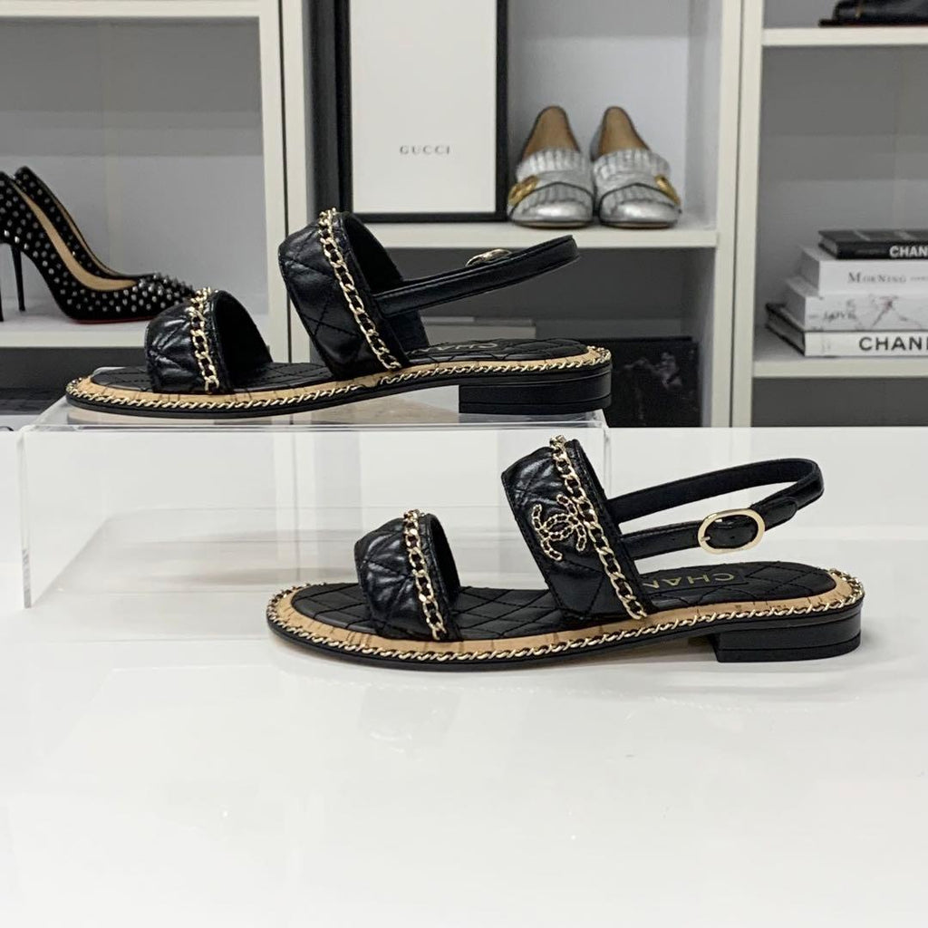Chanel CC Logo Quilted Chain Leather Cork Sandals — view 3