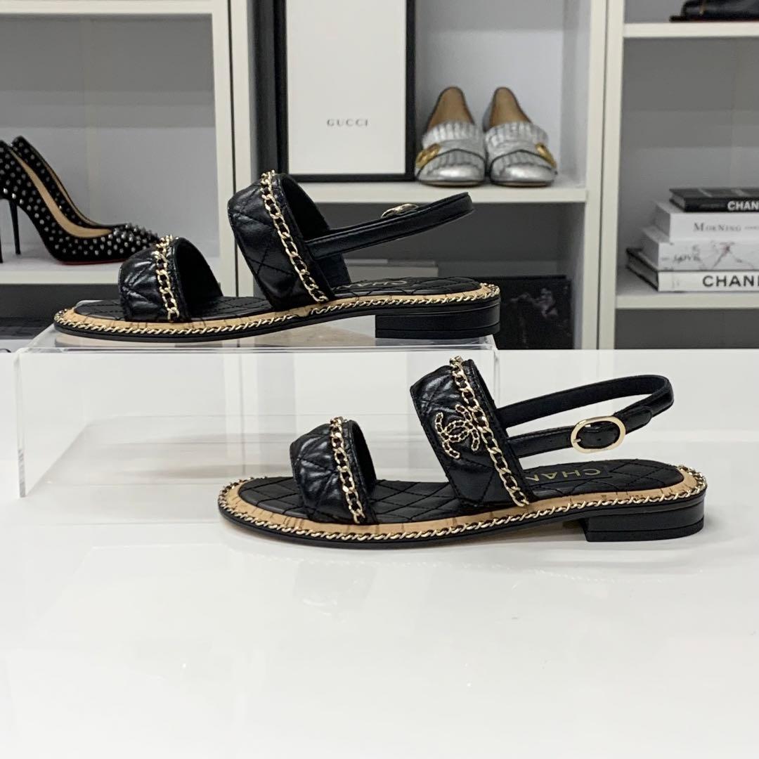 Chanel CC Logo Quilted Chain Leather Cork Sandals — view 3