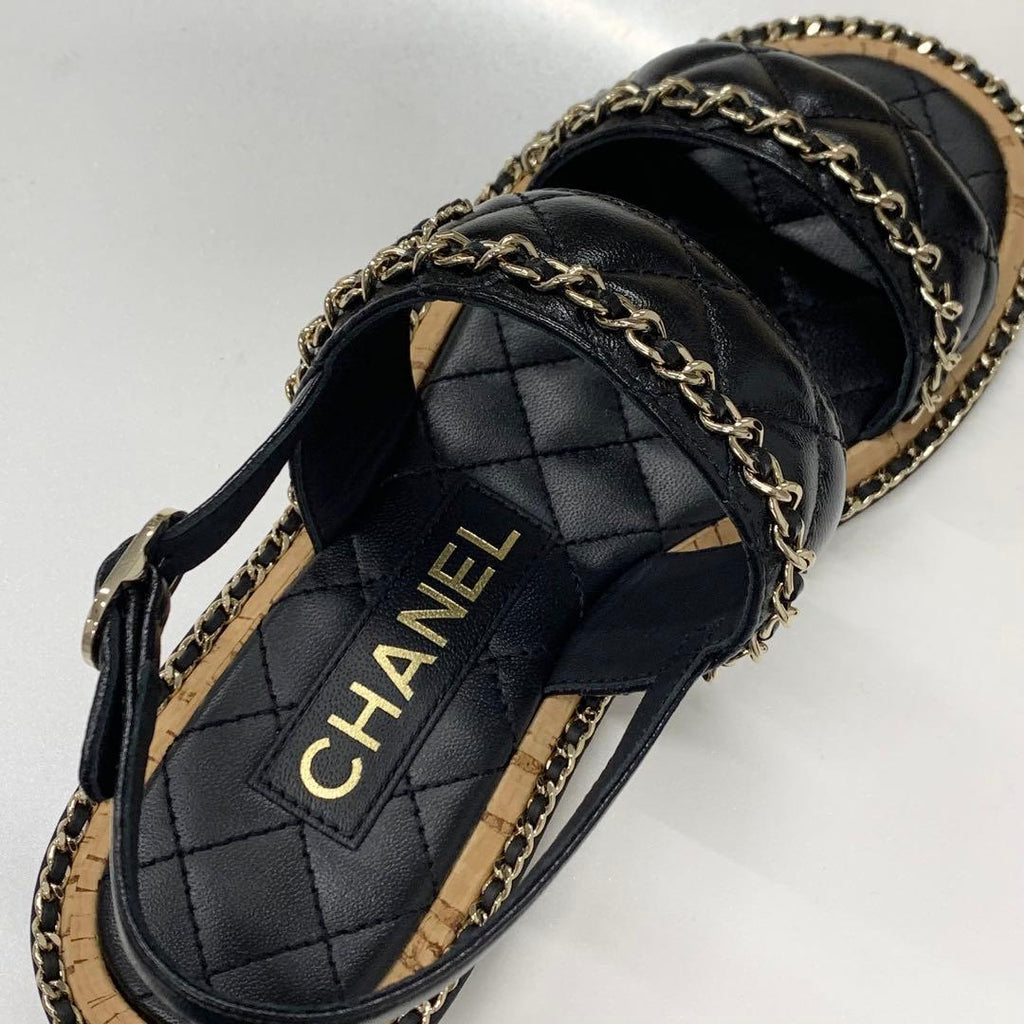 Chanel CC Logo Quilted Chain Leather Cork Sandals — view 7