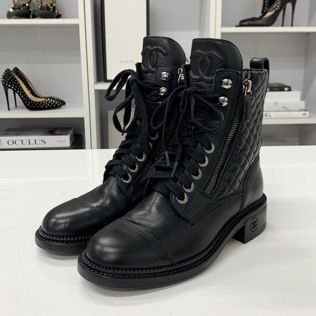 Chanel Quilted Coco Mark Leather Lace Up Short Boots — view 3