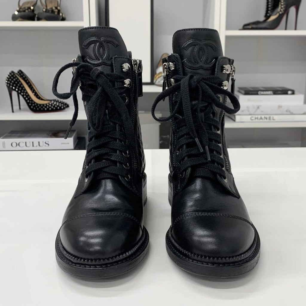 Chanel Quilted Coco Mark Leather Lace Up Short Boots — view 4