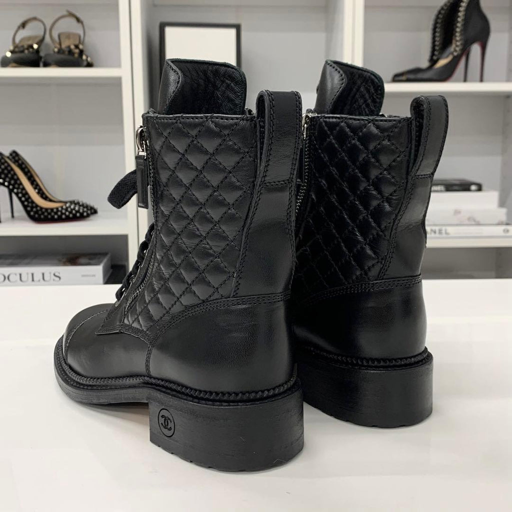 Chanel Quilted Coco Mark Leather Lace Up Short Boots — view 5
