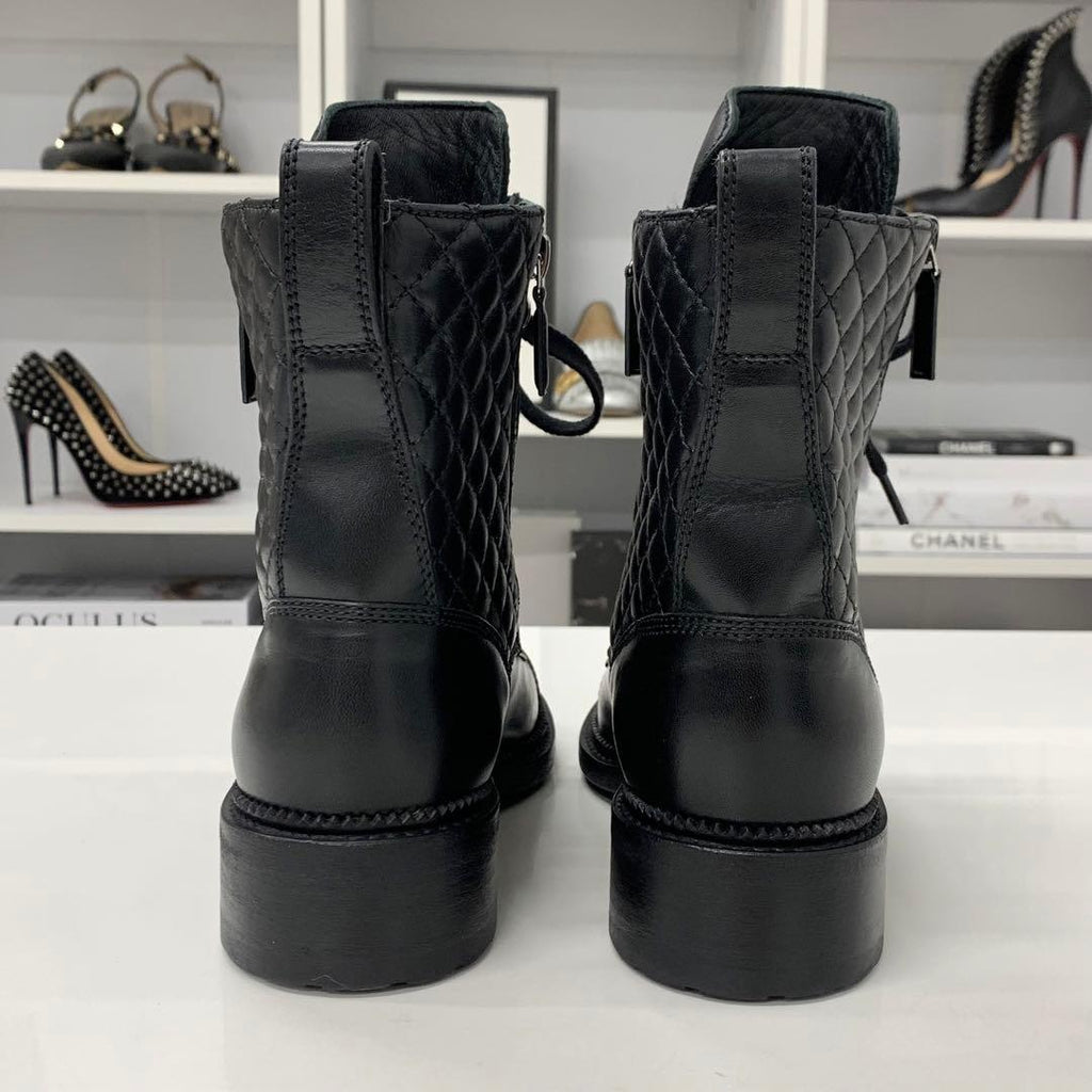 Chanel Quilted Coco Mark Leather Lace Up Short Boots — view 6