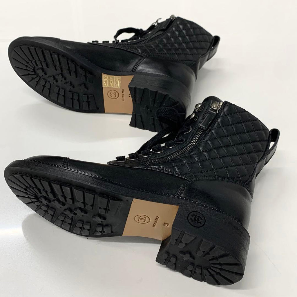 Chanel Quilted Coco Mark Leather Lace Up Short Boots — view 7