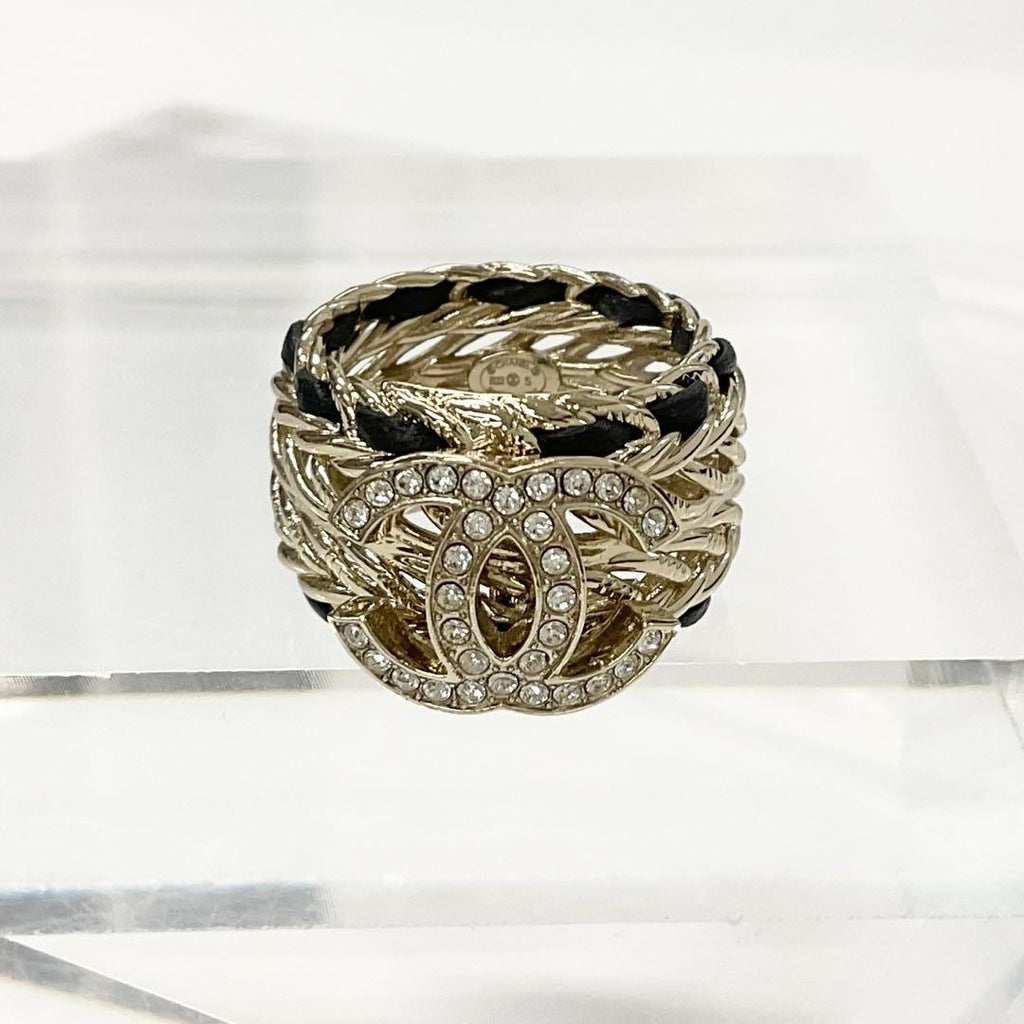 Chanel CC Logo Rhinestone Leather Ring Gold — view 2