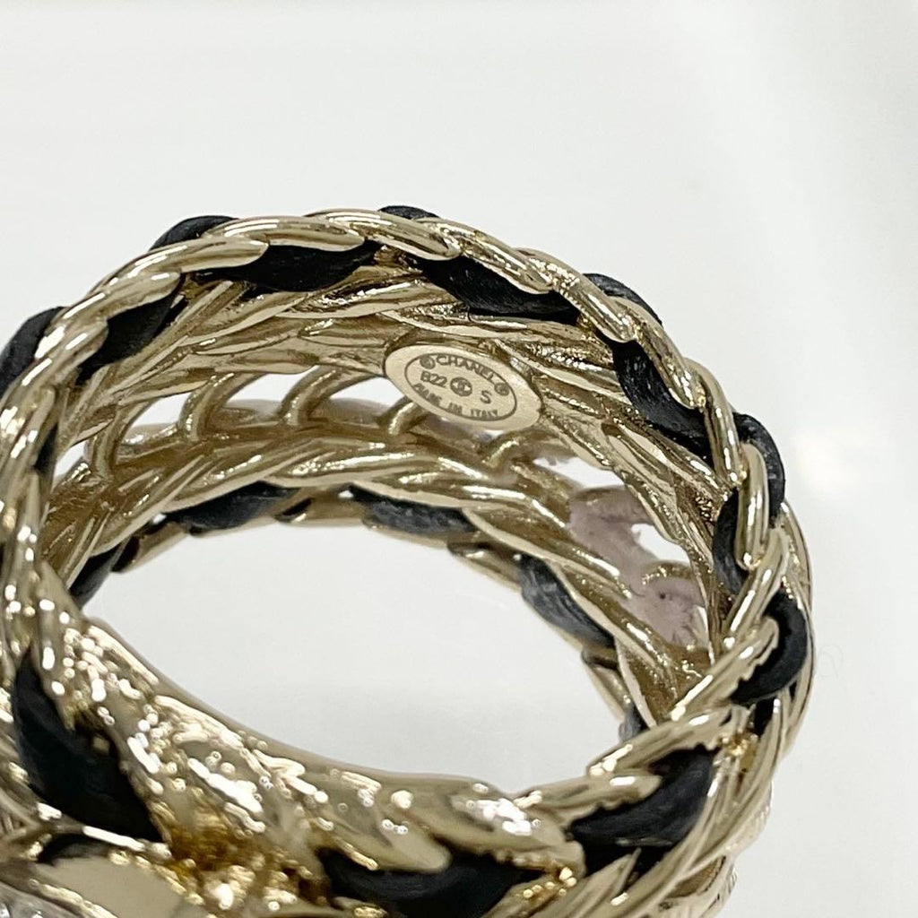 Chanel CC Logo Rhinestone Leather Ring Gold — view 6