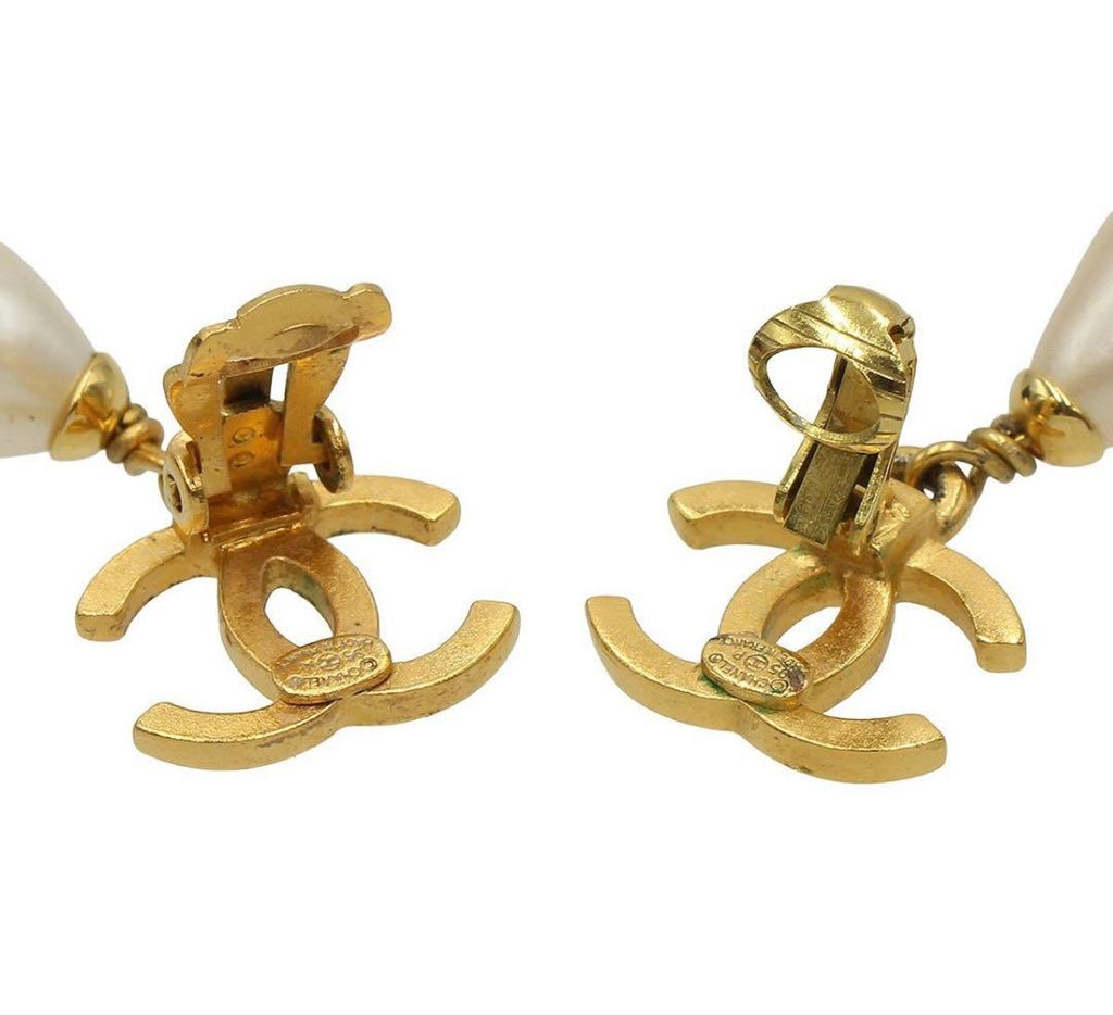 Chanel CC Logo Faux Pearl Teardrop Earrings — view 4