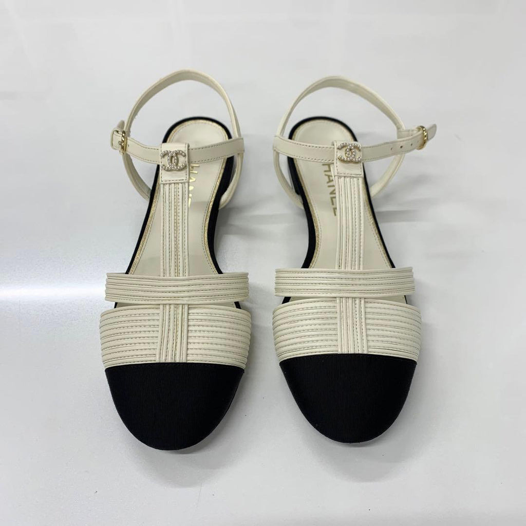 Chanel CC Logo Pearl Leather Fabric Strap Flat Shoes — view 2