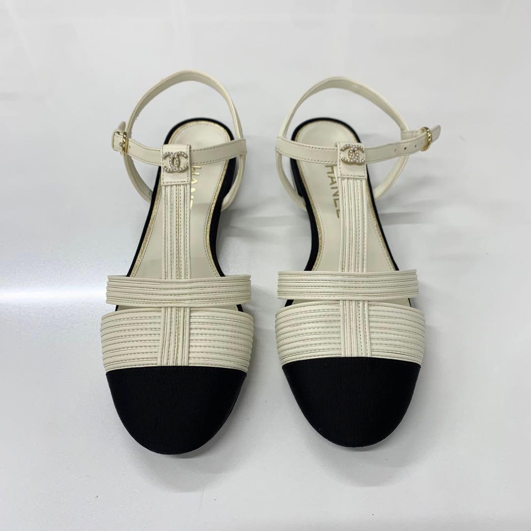 Chanel CC Logo Pearl Leather Fabric Strap Flat Shoes — view 2