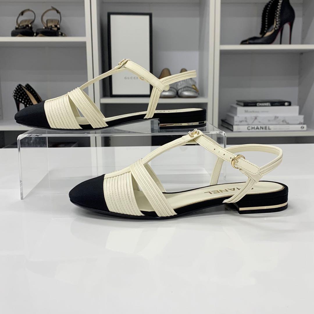 Chanel CC Logo Pearl Leather Fabric Strap Flat Shoes — view 3