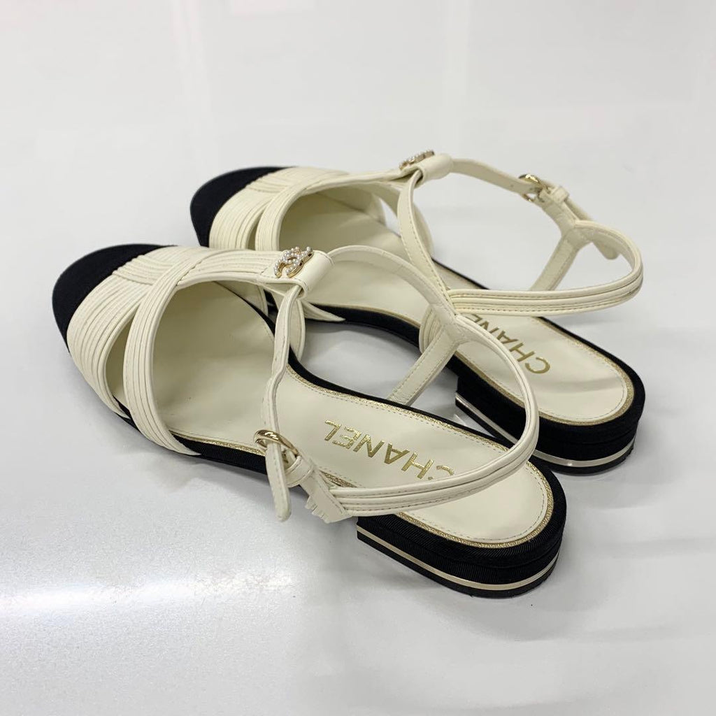 Chanel CC Logo Pearl Leather Fabric Strap Flat Shoes — view 4