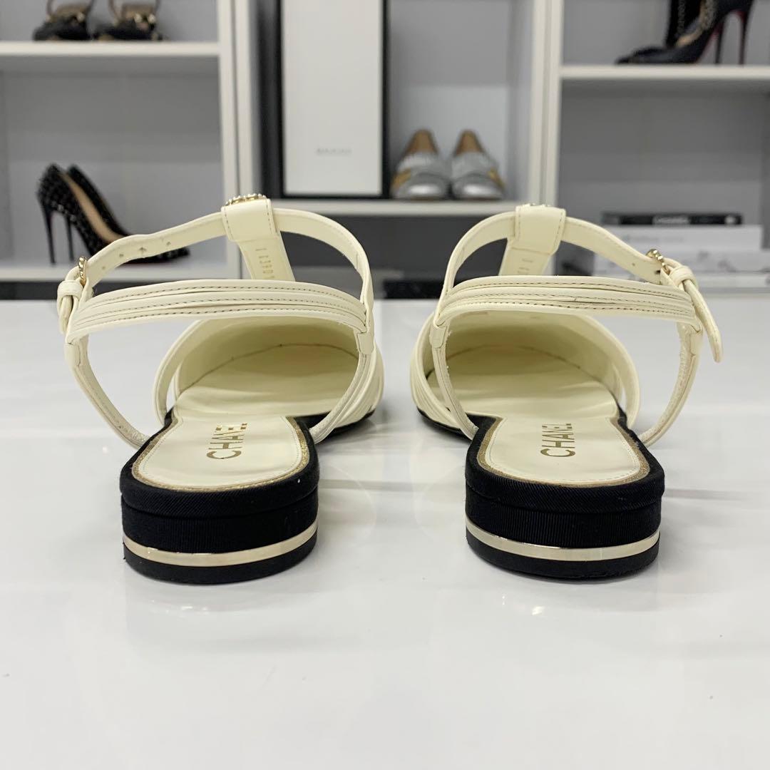 Chanel CC Logo Pearl Leather Fabric Strap Flat Shoes — view 5