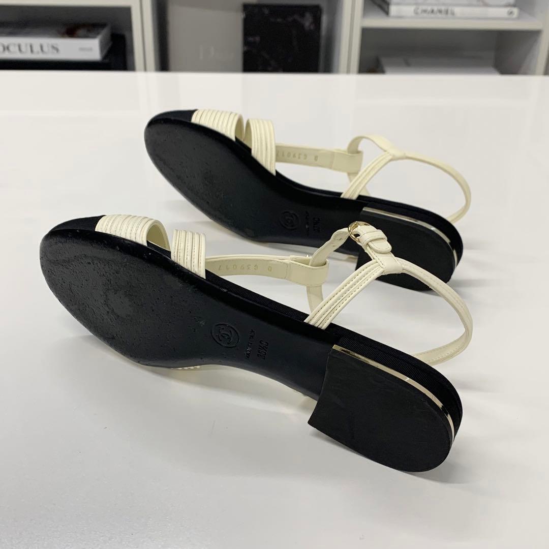 Chanel CC Logo Pearl Leather Fabric Strap Flat Shoes — view 6