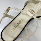 Chanel CC Logo Pearl Leather Fabric Strap Flat Shoes — view 7